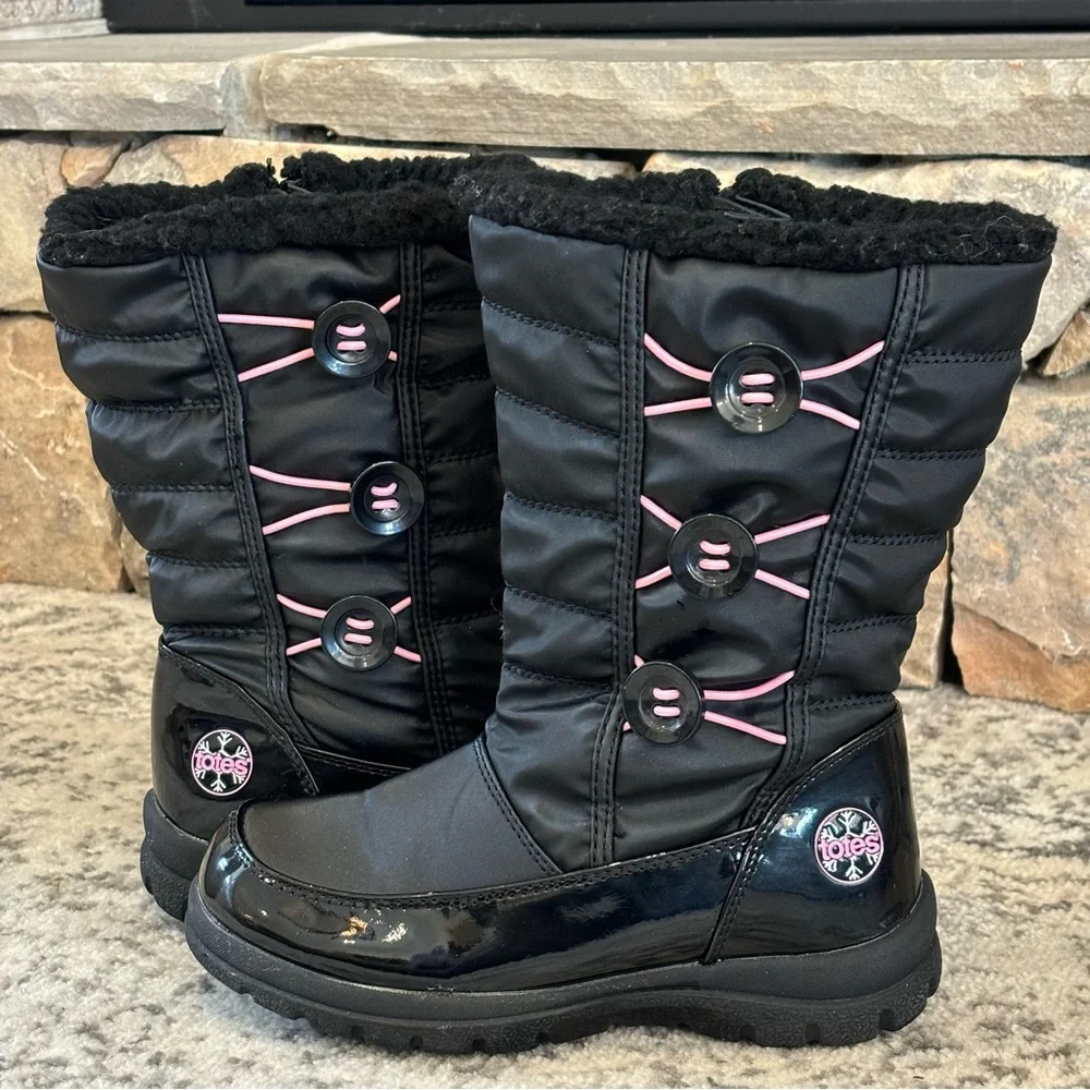 Totes Kids Girl’s Winter Snow Boots Water Proof Black/Pink SZ 3